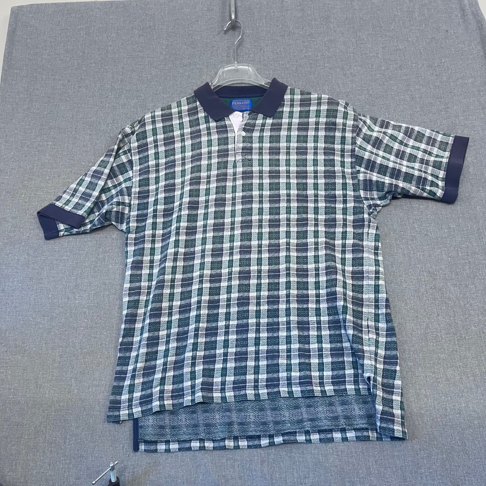 Pendleton Mens Large Short Sleeve Plaid Polo Shirt Green Navy Blue Cotton 0177